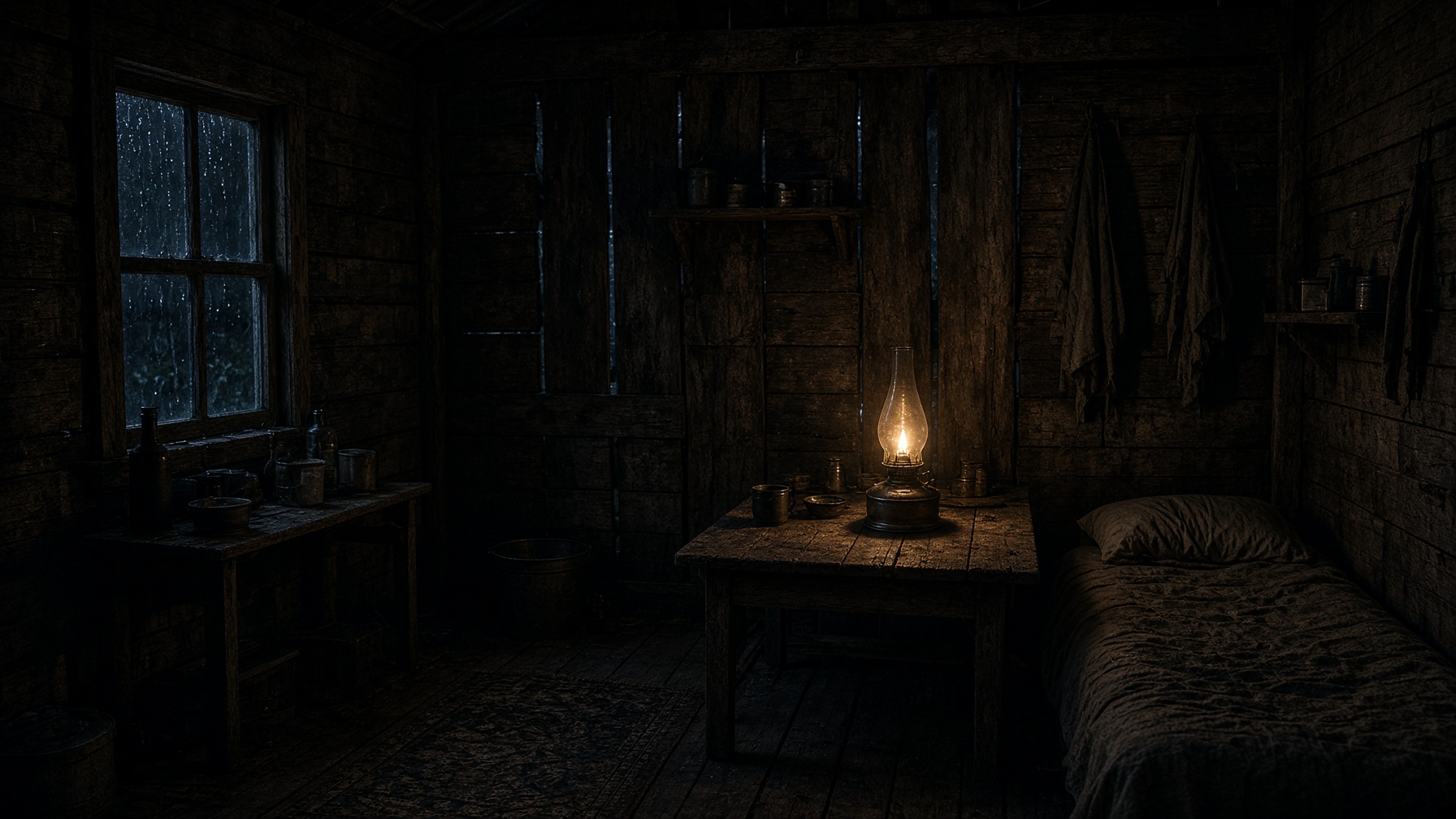 A 1920s migrant cabin at night, lit by a single oil lamp, rain at the walls.