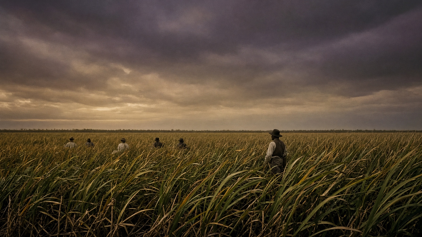 1920s Florida sugar cane fields under a bruising pre-storm sky.