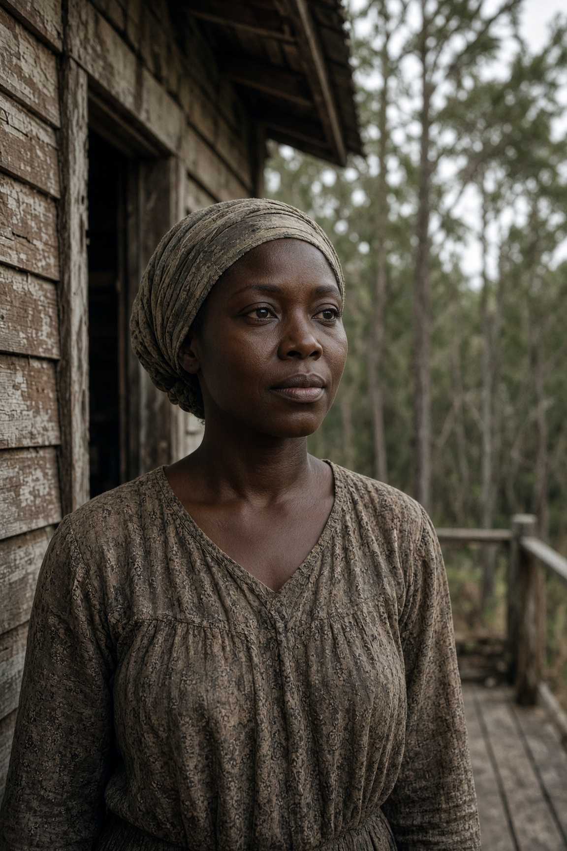 Portrait of Celestine Rolle on a wooden porch, wind in the trees behind her.