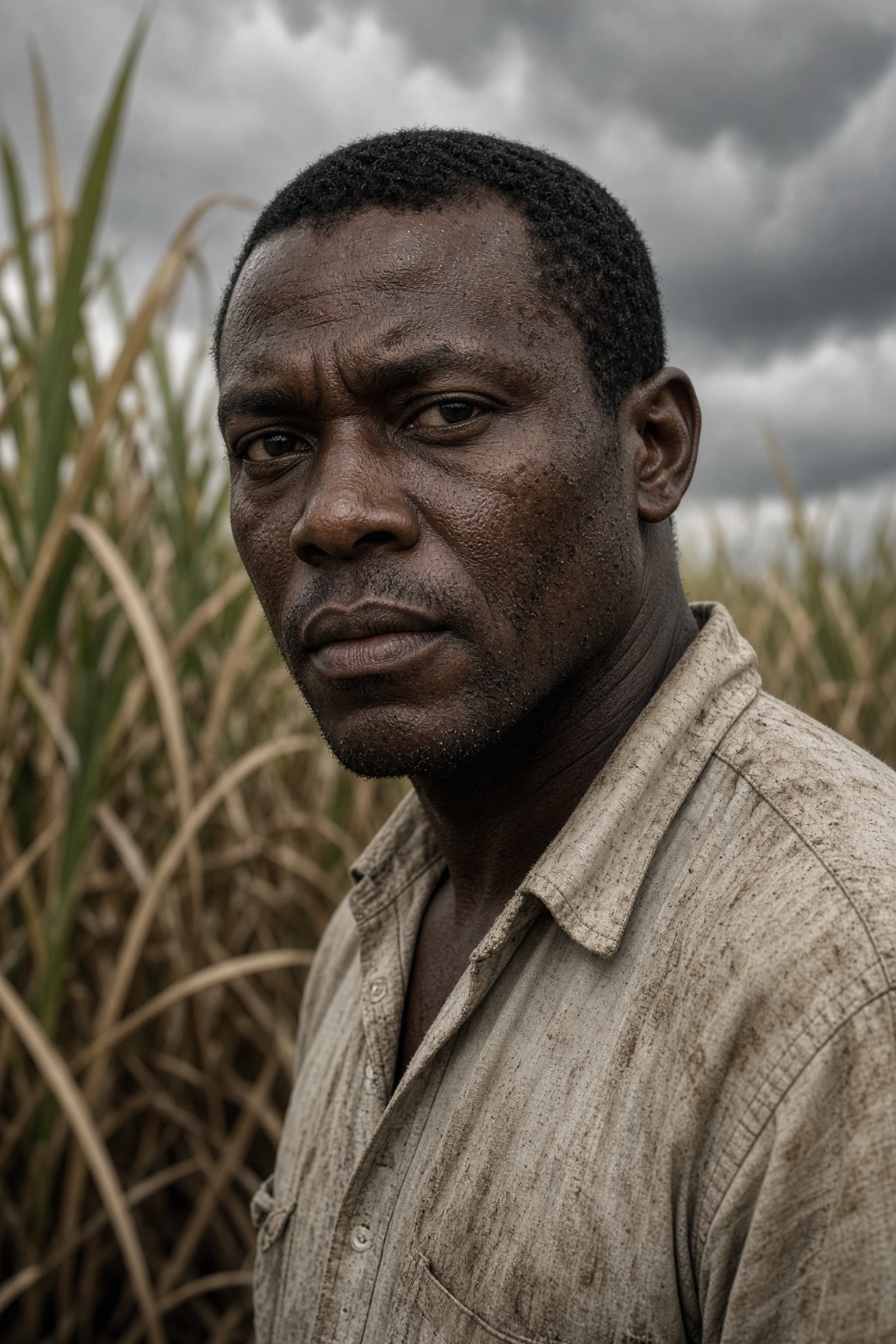 Portrait of Elias Rolle, a Bahamian cane cutter, standing in a storm-lit field.