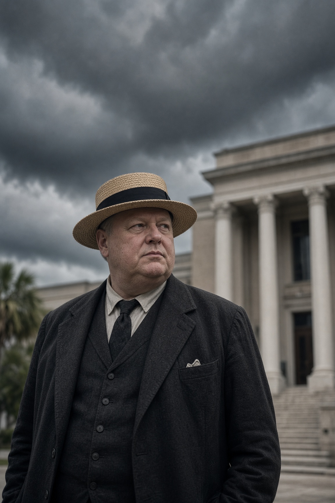 Portrait of Commissioner Clayton Hale outside a county building under a darkening sky.