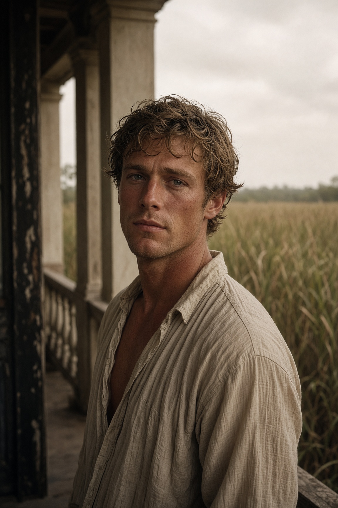 Portrait of Wade Harper on a plantation veranda overlooking cane fields.
