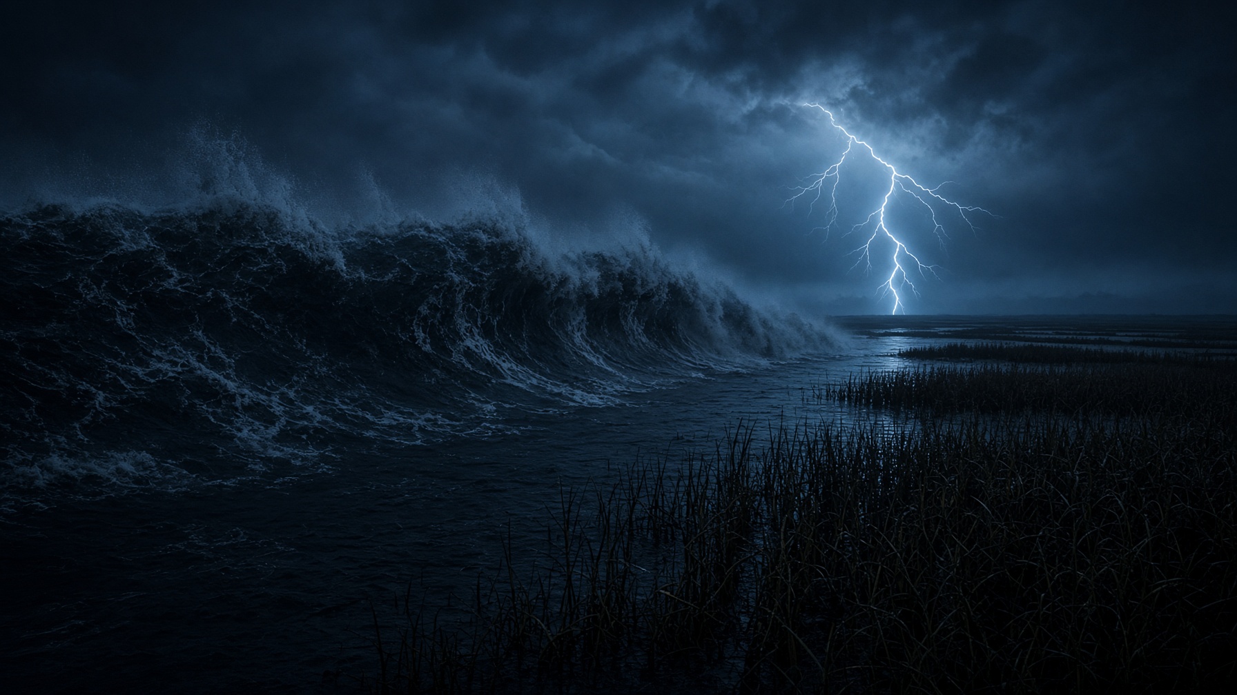 A wall of lake water surges over a failing earthen dike at night, lit by lightning.