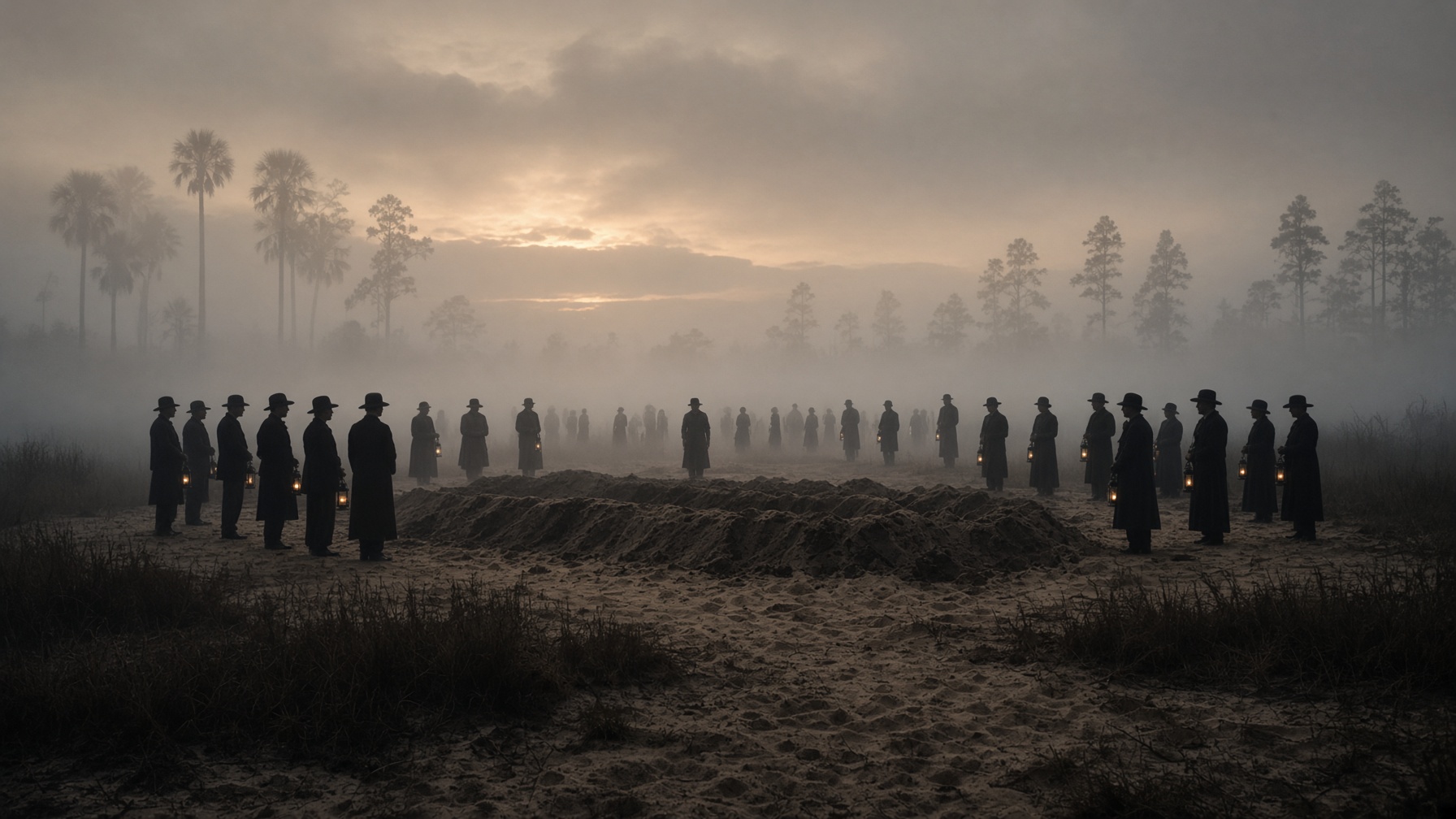 Distant silhouettes with lanterns at a sandy cemetery at dawn, standing at freshly turned earth.