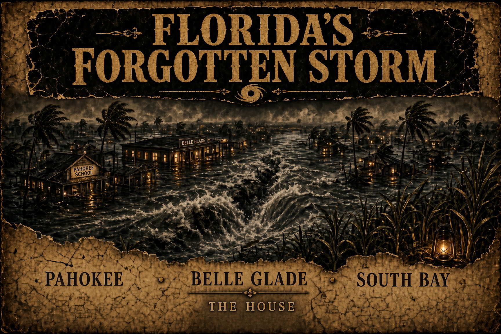 Campaign key art from The House: a flooded Glades schoolhouse at dusk, titled Florida’s Forgotten Storm.