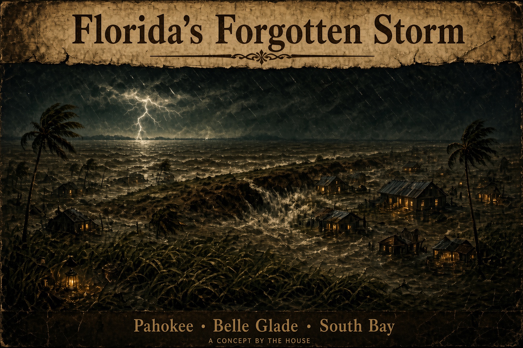 Campaign key art from The House: a hurricane over Lake Okeechobee and a failing dike, naming Pahokee, Belle Glade, and South Bay.