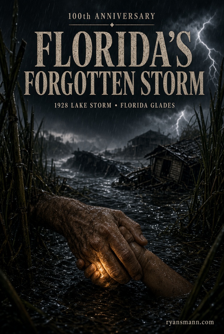Portrait poster of hands reaching in black water under lightning, titled Florida’s Forgotten Storm.