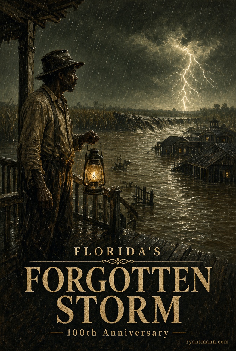 Portrait poster of a man with a lantern on a wooden porch as the storm gathers.
