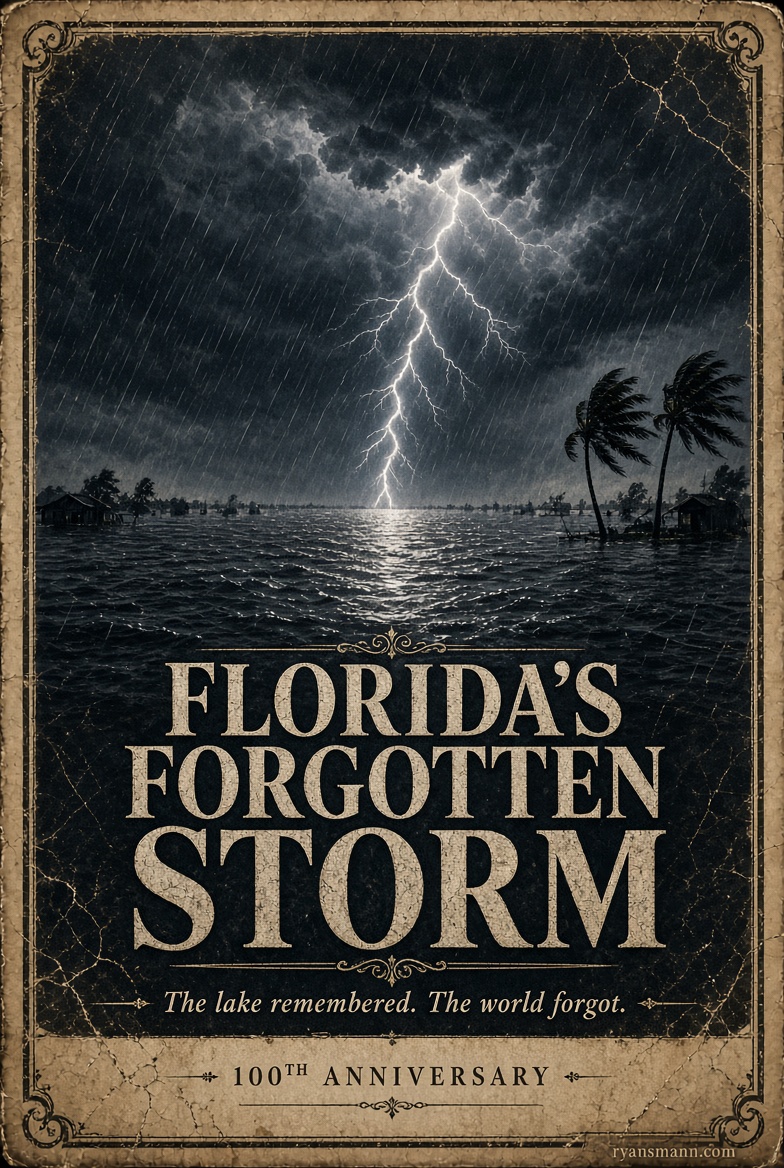 Portrait poster of lightning over Lake Okeechobee with the line The lake remembered. The world forgot.