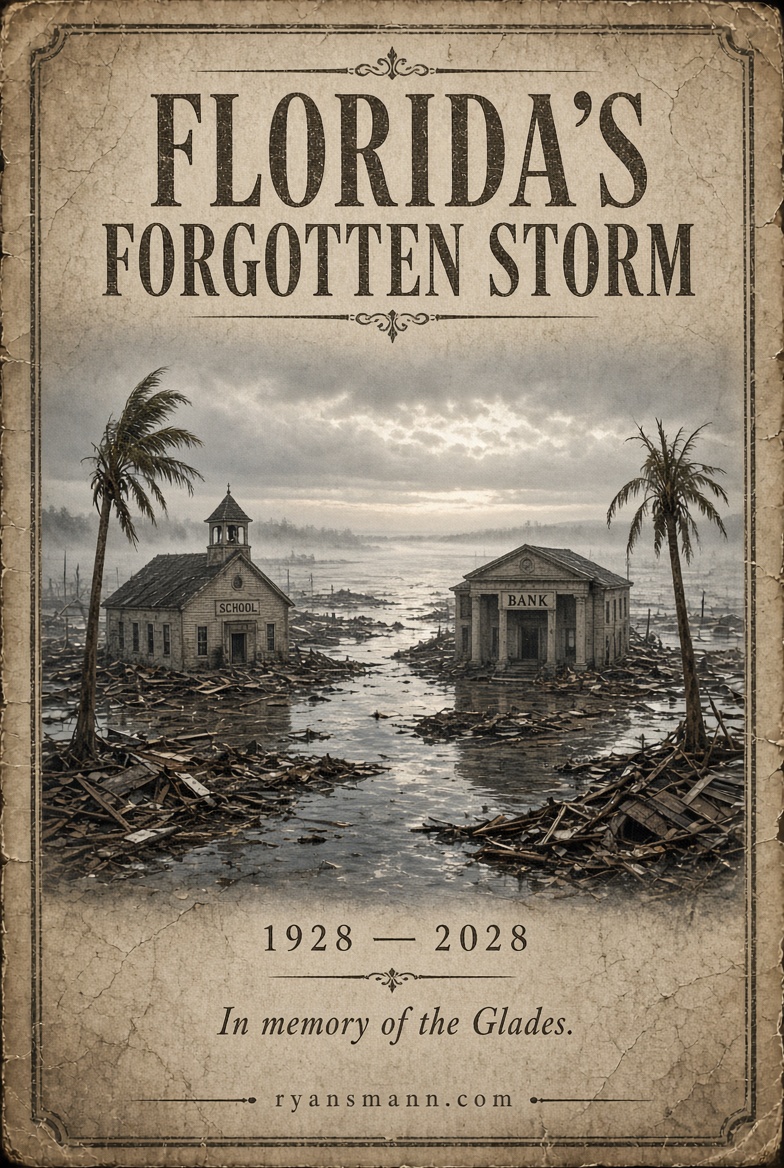 Portrait poster of a school and bank standing in floodwater under a storm sky, dated 1928–2028.
