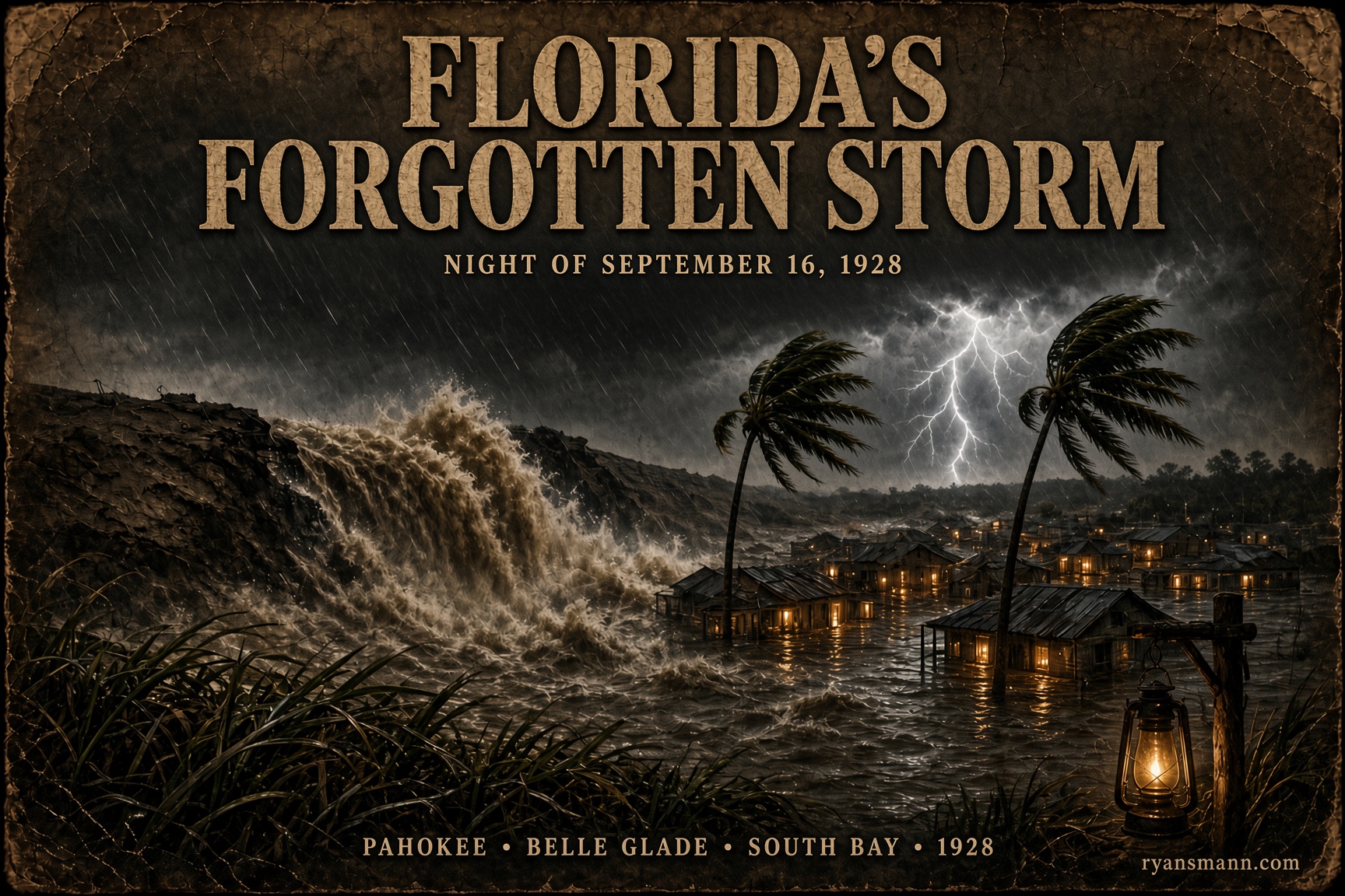 Campaign key art from The House: a wall of lake water toward lamplit houses, titled Florida’s Forgotten Storm, dated the night of September 16, 1928.
