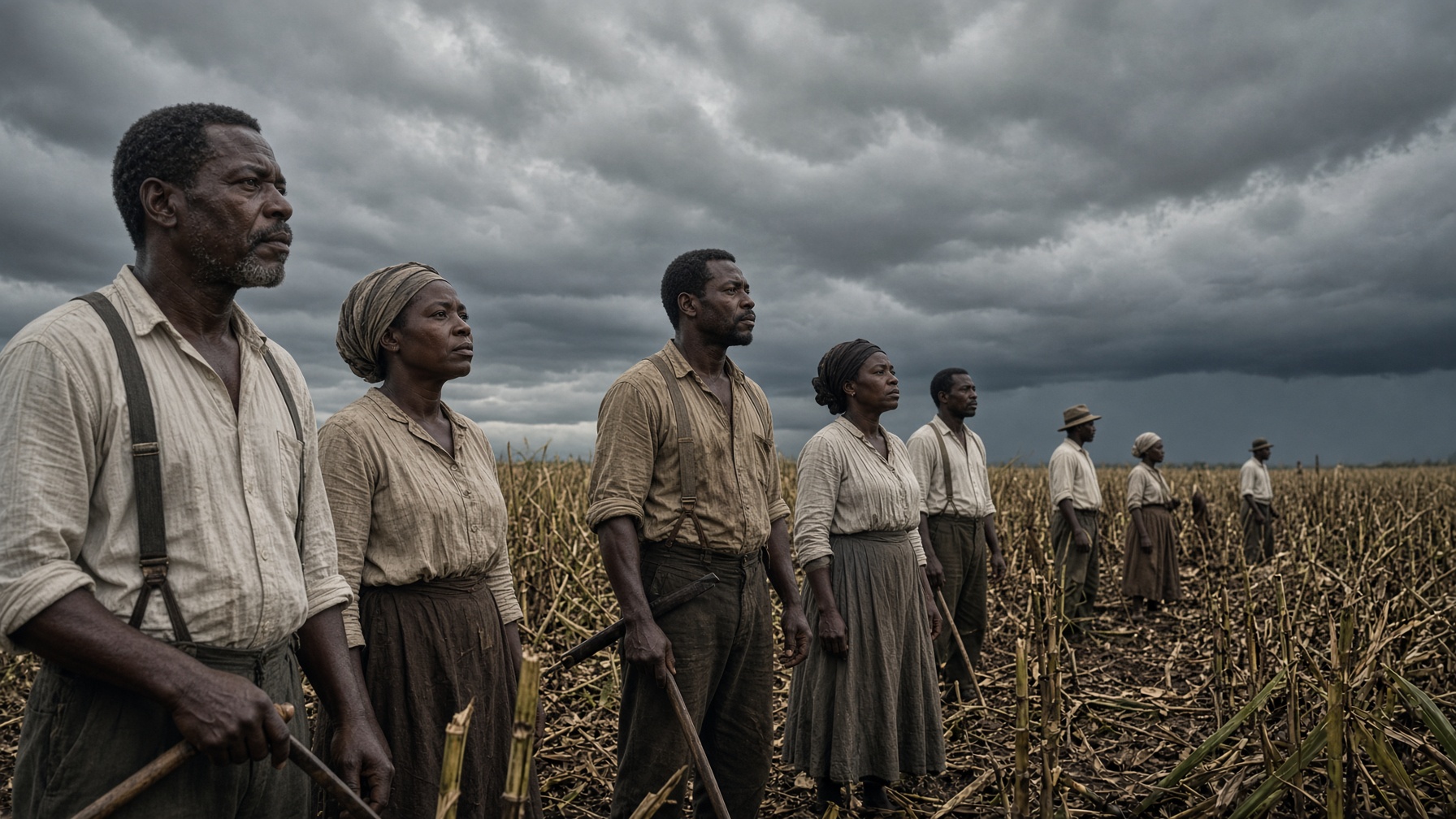 Migrant cane workers standing in a field, looking toward a darkening sky.